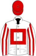 White, red hollow box, striped sleeves, red cap