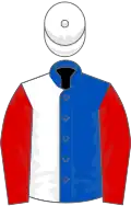 Royal blue and white (halved), red sleeves, white cap