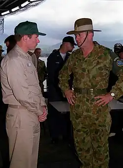Image 12Major General Peter Cosgrove (right) Australian commander of the United Nations backed peace keeping operation (INTERFET) to East Timor. (from History of Timor-Leste)