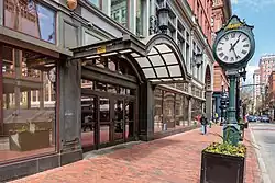 The Westminster Street entrance and clock in 2019
