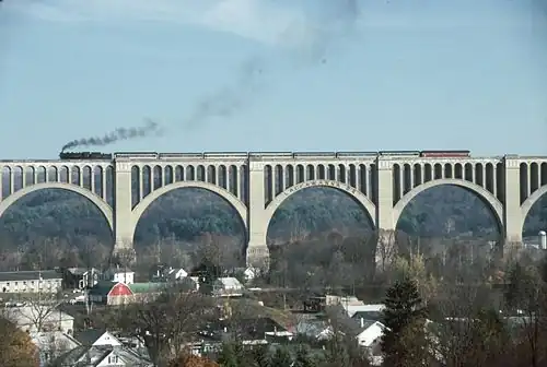 CP No. 2317 crossing the Tunkhannock Viaduct with an excursion train, on March 8, 2007