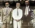 Quah Chin Lai (left), a leading member of the Singapore trade mission delegation in Beijing, Aug 1956. Seen here with Mr. Tan Kah Kee (middle). Photo can be found at Xiamen University museum.