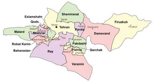 Location of Qods County in Tehran province (top left, pink)