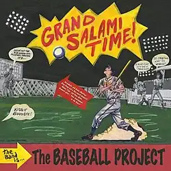 A painting of a man hitting a home run with comic speech bubbles in background