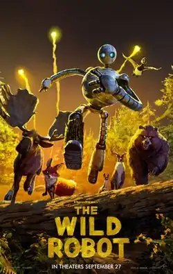A robot named ROZZUM Unit 7134, seen in center, runs with other animals that are with Roz away from a dropship which is seen in the background shooting flares.