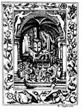 Alchemist writing and furnaces being used in front of an early depiction of a scale.