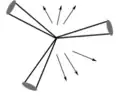 As a result, three jets (cones) form, with extra hadrons (arrows) found where the strings formed.