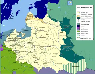 Truce of Andrusovo 1667: Russian gains in dark green