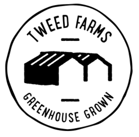 Black and white stamp like logo with Tweed Farms - Greenhouse Growth and image of agreenhouse