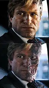 Two images depicting Aaron Eckhart on set wearing motion capture markers and the disfigurements added with computer-generated imagery