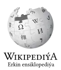 Wikipedia logo displaying the name "Wikipedia" and its slogan: "The Free Encyclopedia" below it, in Turkmen