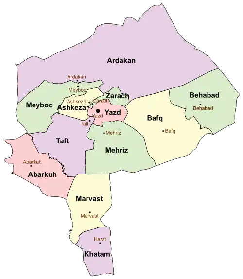 Location of Yazd County in Yazd province (center, pink)
