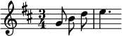 
 \relative
 { \set Score.tempoHideNote = ##t \tempo 4 = 90 \set Staff.midiInstrument = #"glockenspiel"
  \key d \major
  \time 3/4 \partial 4. \autoBeamOff
     g'8 b d | e4.
  }
