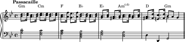 {
\new PianoStaff <<
\new Staff = "chords" << \magnifyStaff #3/4
\new Voice \relative c' {
\set Staff.midiInstrument = #"harpsichord" \key g \minor
\mark \markup { \abs-fontsize #10 { \bold { Passacaille } } }
<bes' d>8. <c ees>16 <a c>8. <bes d>16 <c ees>8. <c ees>16 <bes d>8. <c ees>16 |
<a c>8. <a f'>16 <g ees'>8. <a f'>16 <bes d>8. <bes d>16 <a c>8. <bes d>16 |
<g bes>8. <a c>16 <fis a>8. <g bes>16 <a c>8. <a c>16 <g bes>8. <a c>16 |
<fis a>8. <fis d'>16 <e c'>8. <fis d'>16 bes8 a g4 \bar "||"
}
\new Voice \relative c' {
s1 s s s2 \stemDown g'2
}
\new Staff \relative c' { \magnifyStaff #3/4
\set Staff.midiInstrument = #"harpsichord" \key g \minor \clef F
<g bes d>2 <ees g c> <f a c> <bes, d f bes> <ees g bes> <c ees a> d4 d, g2
}
\addlyrics \with { alignAboveContext = "chords" } { \override LyricText.font-size = #-1.5 Gm Cm F B♭ E♭ \markup{\concat{Am\super{(♭5)}}} D _ Gm }
>> >> }