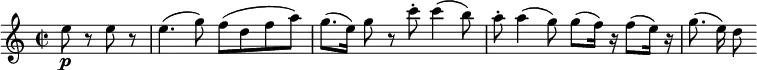 
\layout { \set Score.tempoHideNote = ##t }
\relative c'' {
\key c \major
\time 2/2
\set Staff.midiInstrument = "string ensemble 1"
\tempo 4 = 72
\partial 2 e8\p r8 e8 r8 |
e4. (g8) f8 (d8 f8 a8) |
g8. [(e16)] g8 r8 c8-. c4 (b8) |
a8-. a4 (g8) g8 (f16) r16 f8 (e16) r16 | g8. (e16) d8
}
