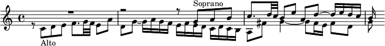 {
#(set-global-staff-size 17)
\relative{
\new Staff \clef treble \key c \major \tempo 4=70 \set Score.tempoHideNote = ##t
\override Score.BarNumber #'transparent = ##t
<<
{ \voiceOne R1 r2 r8 g'^"Soprano" a b c8. d32 c b8 e a, d ~ d16 e d c b}
\new Voice= "Alto"
{ \voiceTwo r8 c,_"Alto" d e f8. g32 f e8 a8 d,8 g ~ g16 a g f e f e d c d c b a8 fis' g4~ g8 fis16 e fis8 d g}
>>
} }