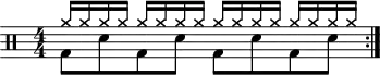 \version "2.22.0"
\header { tagline = ##f}
\score {
\drums \with {midiInstrument = "drums"}
\with { \numericTimeSignature }
{
\repeat volta 2 {
<<{cymra16 cymra cymra cymra cymra cymra cymra cymra cymra cymra cymra cymra cymra cymra cymra cymra}\\{bd8 sne8 bd8 sne8 bd8 sne8 bd8 sne8}>>\break
}
}
\layout {}
}
\score {
\unfoldRepeats {
\drums \with {midiInstrument = "drums"}{
\repeat volta 2 {
<<{cymra16 cymra cymra cymra cymra cymra cymra cymra cymra cymra cymra cymra cymra cymra cymra cymra}\\{bd8 sne8 bd8 sne8 bd8 sne8 bd8 sne8}>>\break
}
}
}
\midi { \tempo 4 = 100 }
}